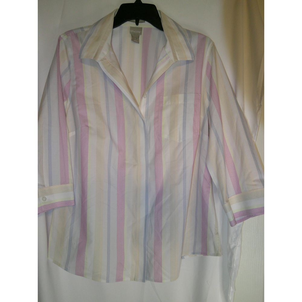 Chico's‎ Pastel Striped Button-Down Shirt 3/4 Sleeve Professional Blouse